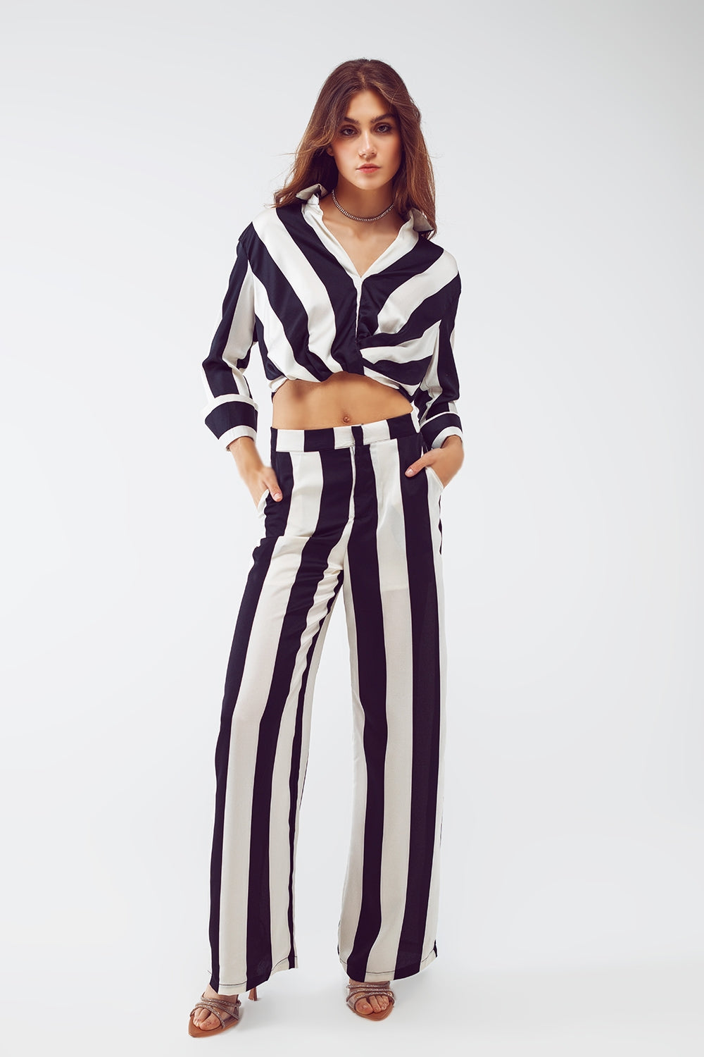 Crop Shirt With Knot Detail in Black and White Stripes