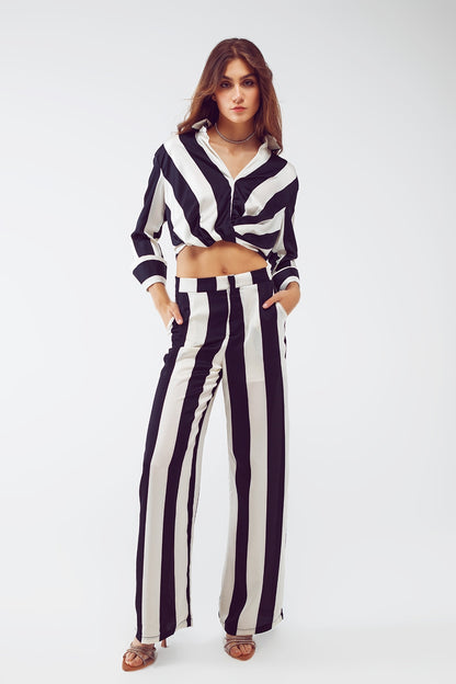 Crop Shirt With Knot Detail in Black and White Stripes