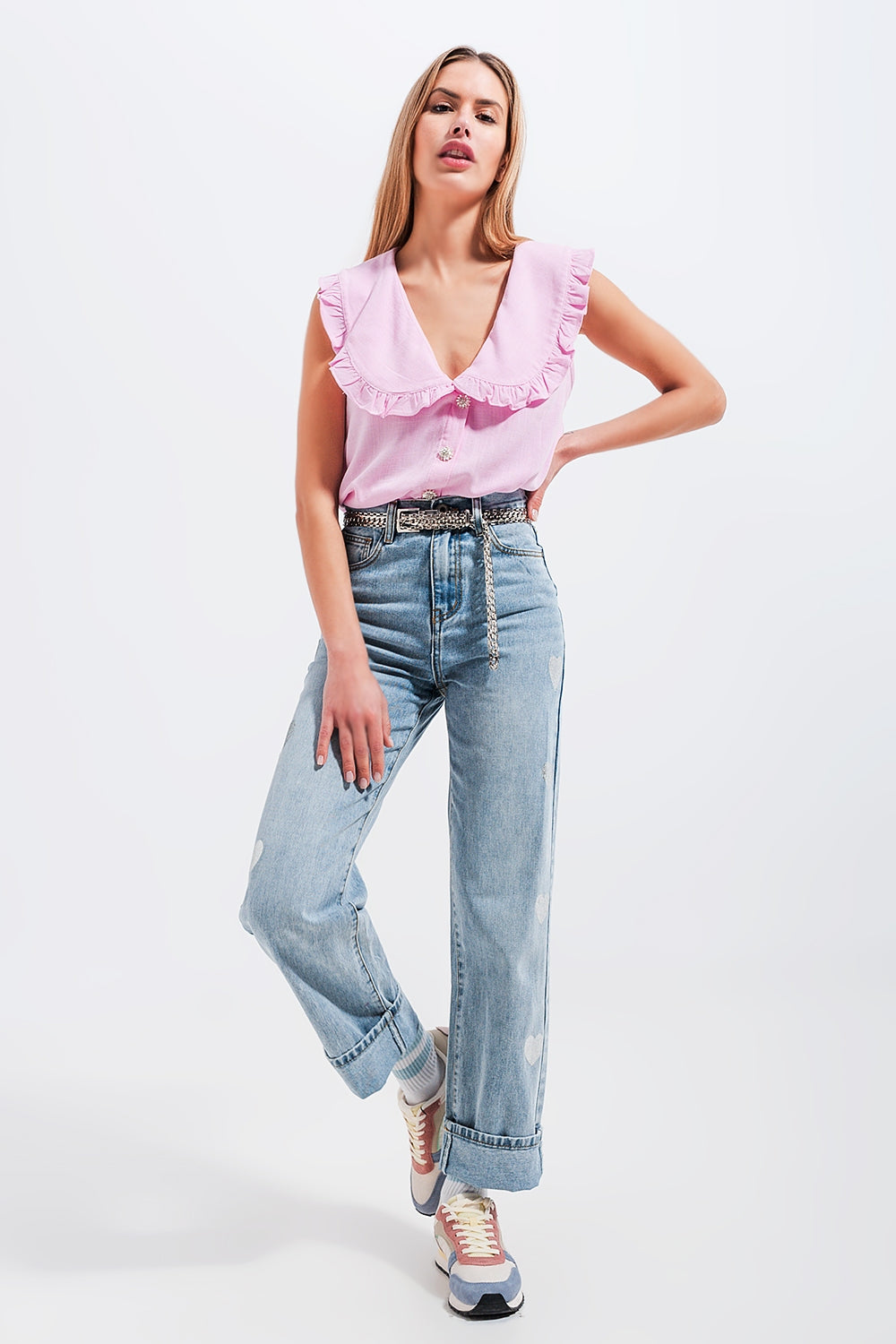 Crop top with bib collar in pink