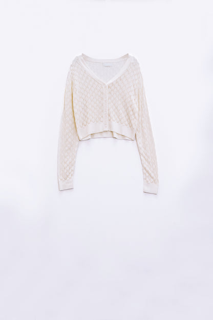 Cropped Cardigan in Beige with Argyle Print