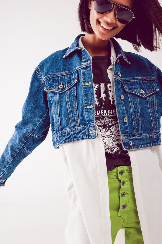 Q2 Cropped denim jacket in mid blue