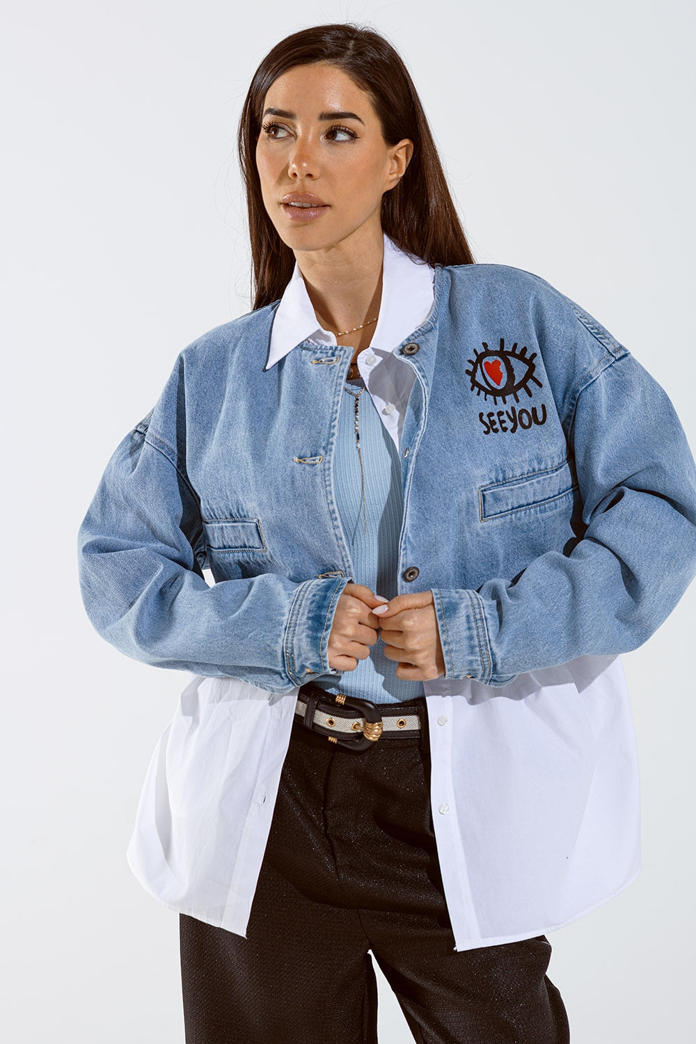 Cropped denim jacket with hand painted print at front and back