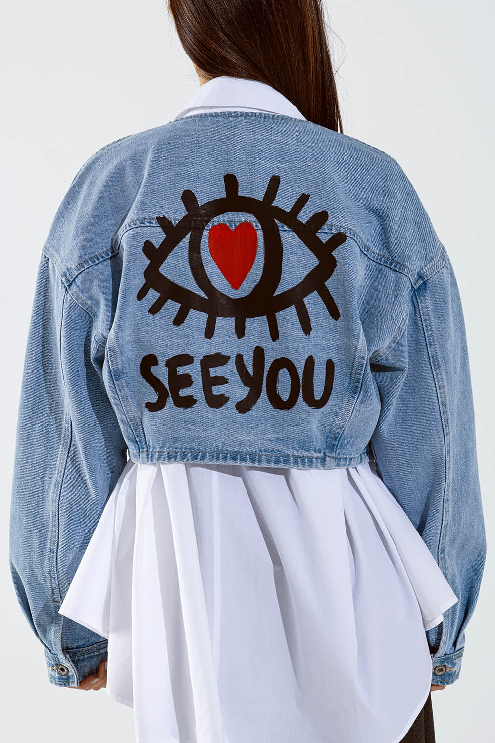 Cropped denim jacket with hand painted print at front and back