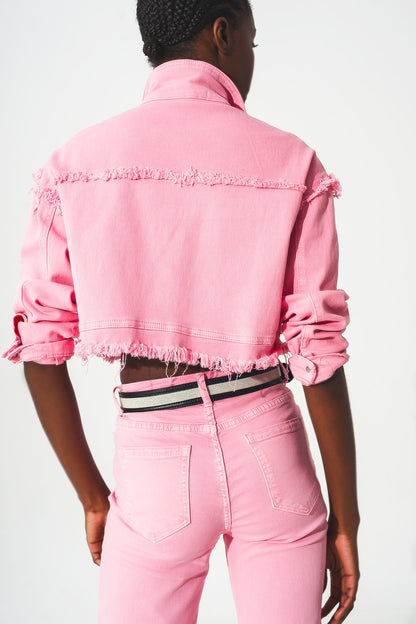 Cropped denim trucker jacket in pink