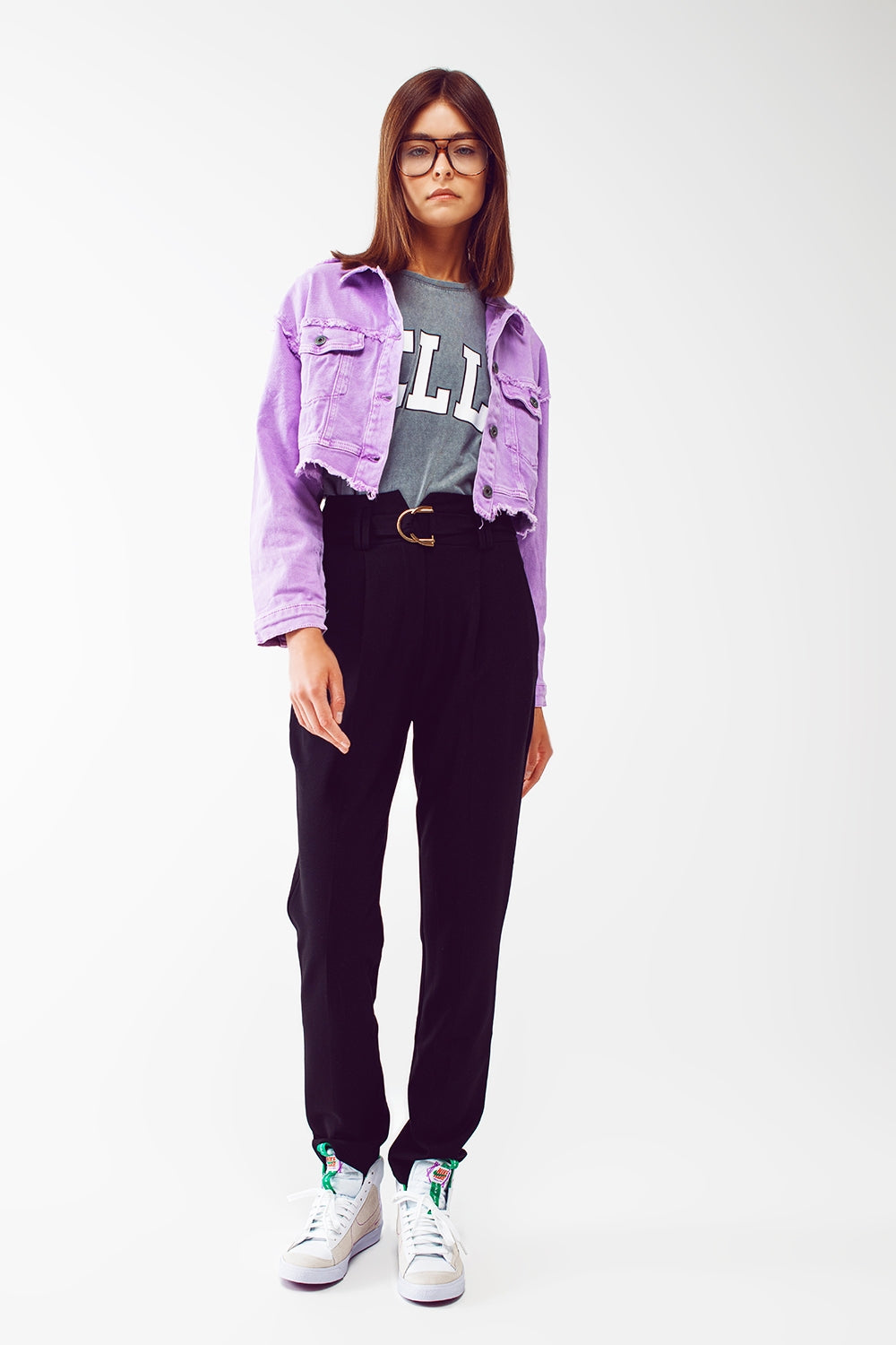 Cropped denim trucker jacket in purple