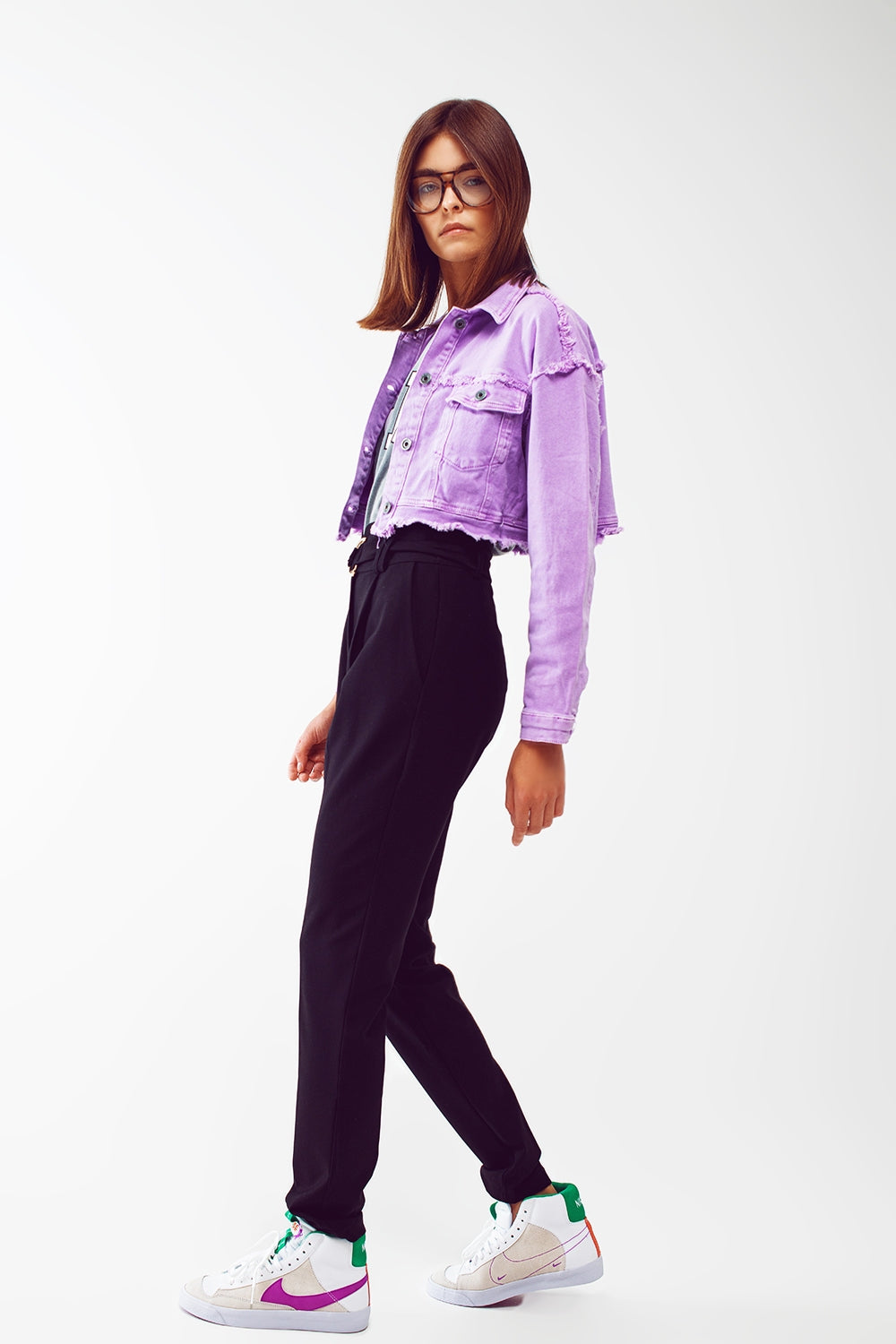 Cropped denim trucker jacket in purple