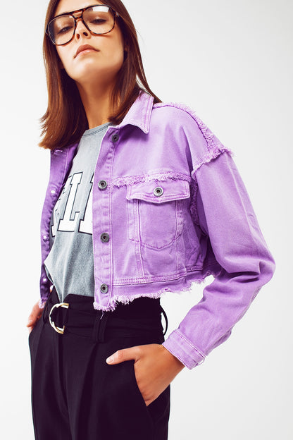 Cropped denim trucker jacket in purple