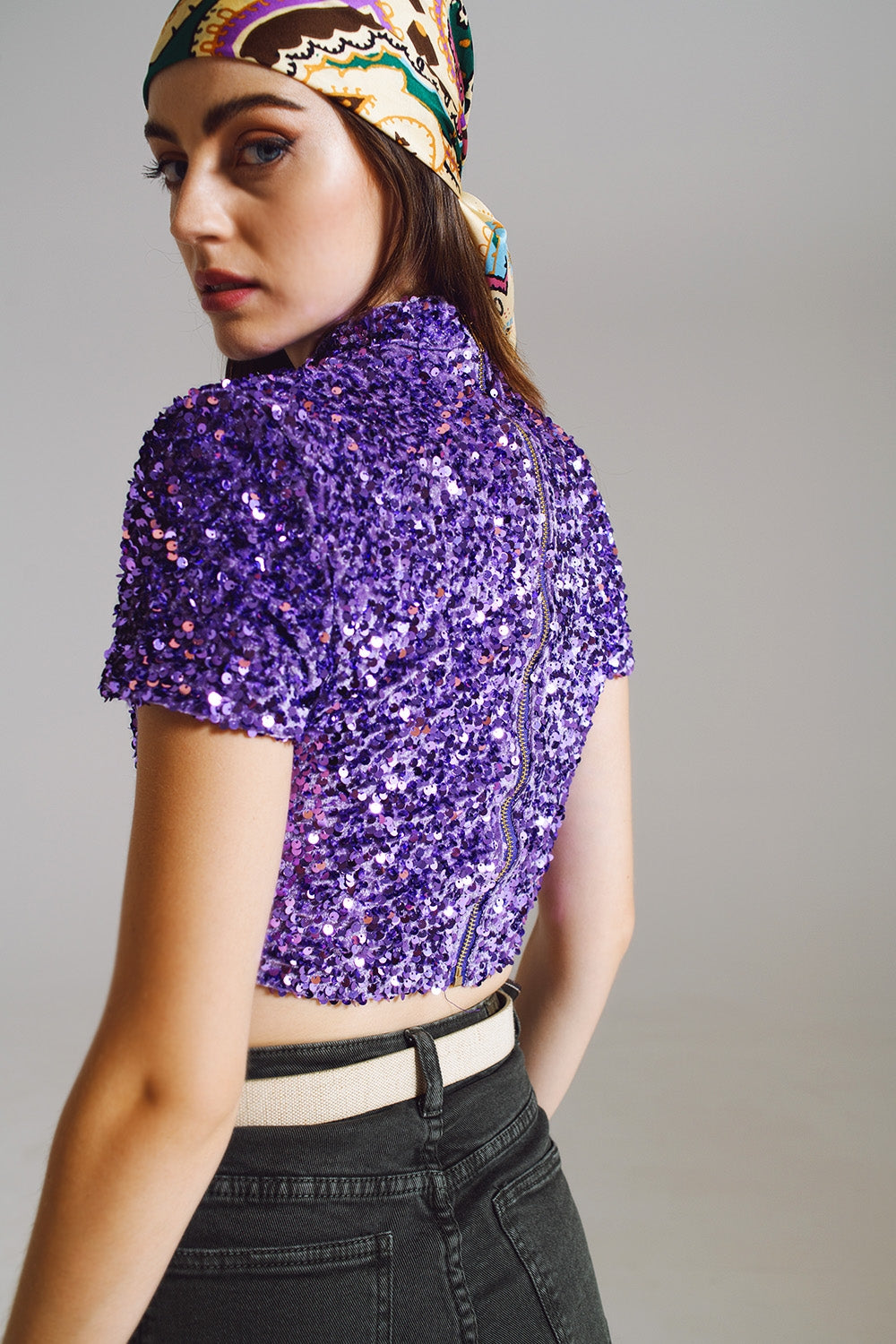 Cropped High Neck Top in Purple Sequin