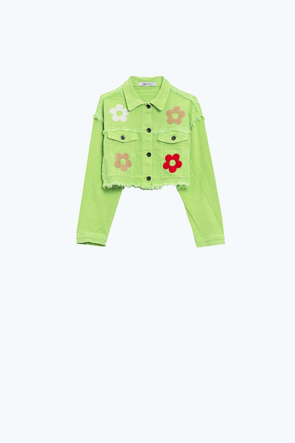 Cropped Jacket With Chest Pockets and Flower Details in Green