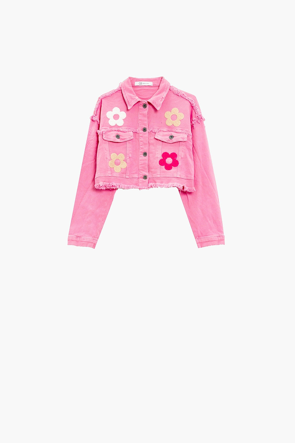 Cropped Jacket With Chest Pockets and Flower Details in Pink