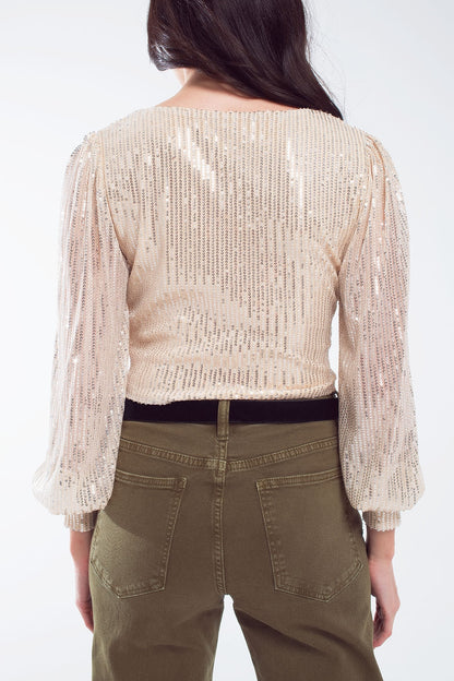 Cropped long Sleeve Sequin Top With V-neck and Rouched Design in Pearl White