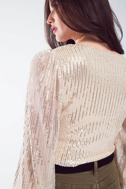 Cropped long Sleeve Sequin Top With V-neck and Rouched Design in Pearl White