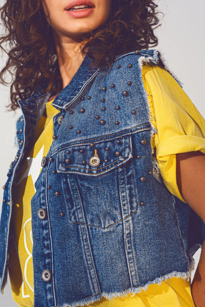 Cropped Studded Denim Vest in Blue