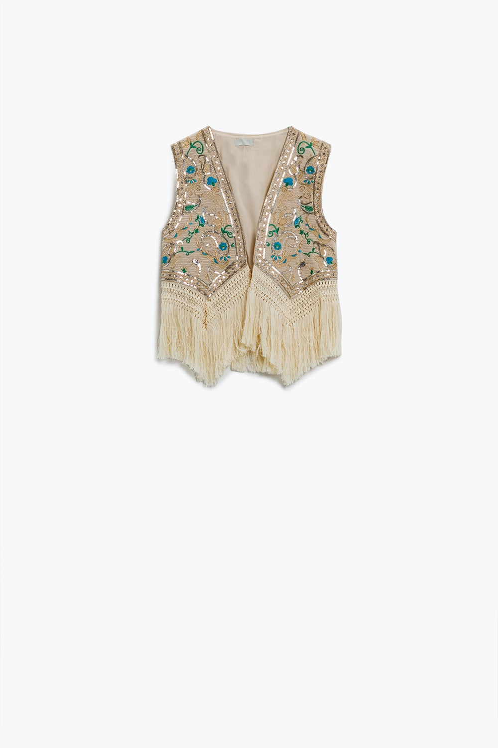 Q2 Cropped Vest With Floral Details And Fringe Trim At Bottom