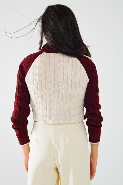 cropped white and burgundy sweater with neck zipper