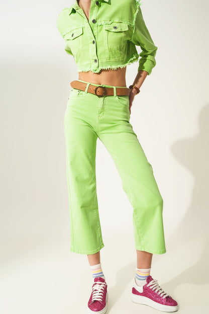 Cropped wide leg jeans in acid green