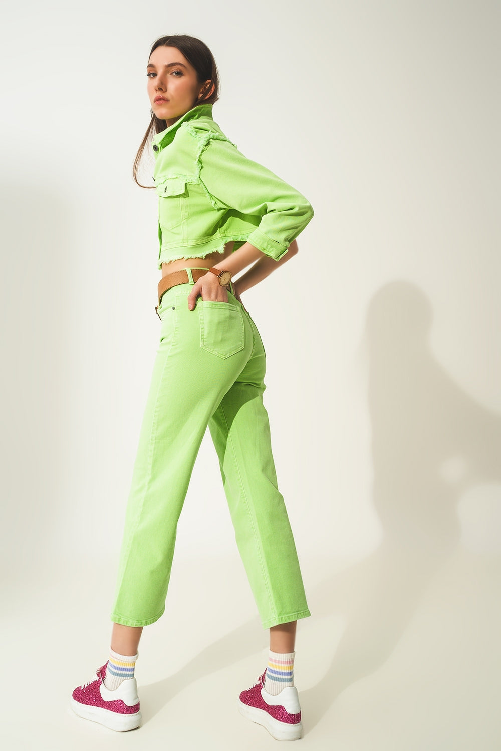 Cropped wide leg jeans in acid green