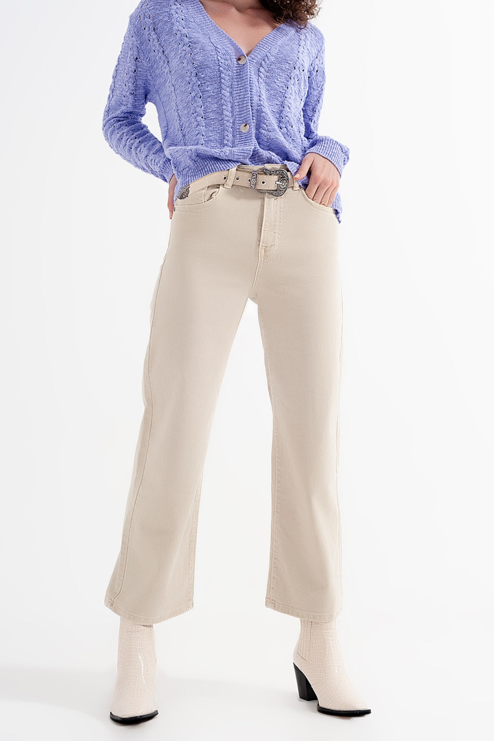 Q2 Cropped wide leg jeans in beige