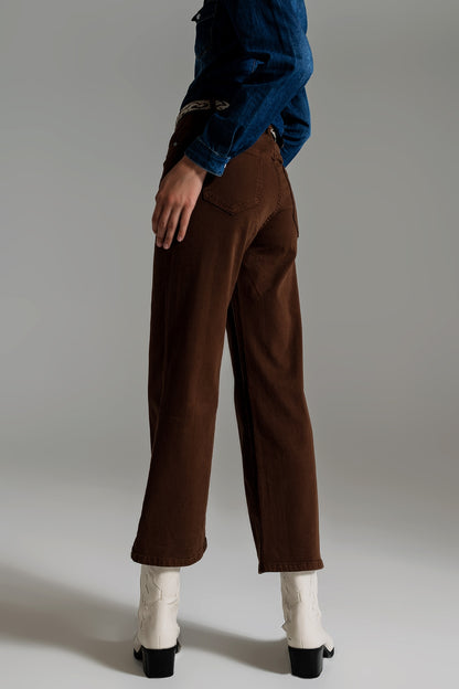 Cropped wide leg jeans in brown