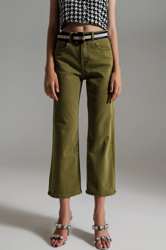 Q2 Cropped wide leg jeans in Olive green