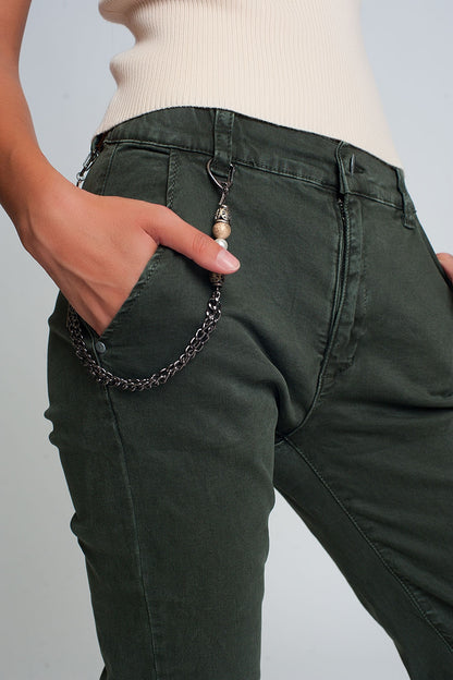 Cuffed utility pants with chain in khaki