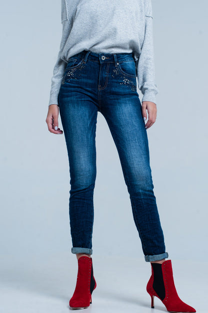 Q2 Dark Wash high waist Jeans with Rhinestone Details