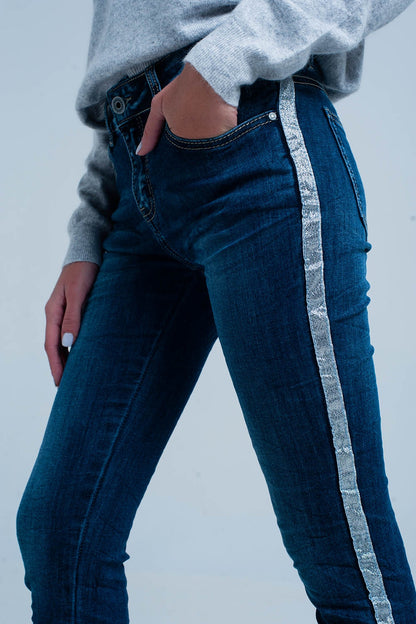 Dark Wash Jeans with Silver Shiny Side Stripe