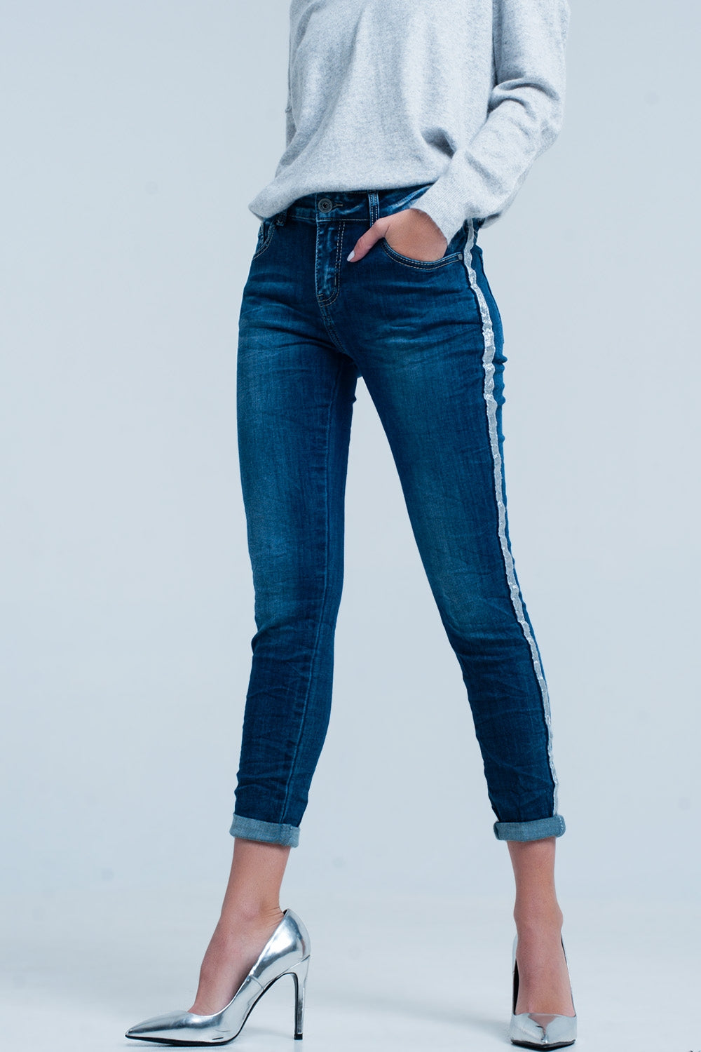 Dark Wash Jeans with Silver Shiny Side Stripe