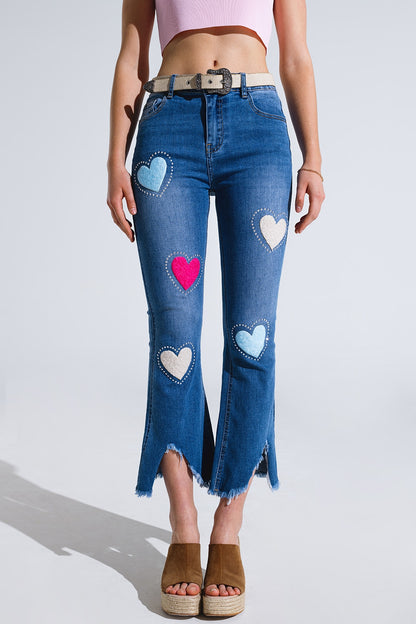 Q2 Dark Wash Skinny Jeans With Hearts Surrounded With Studds