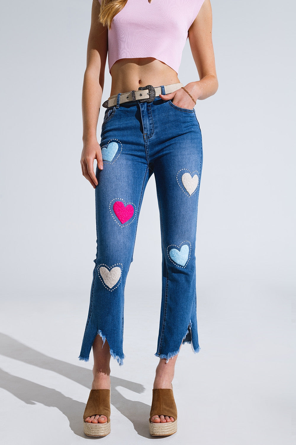 Dark Wash Skinny Jeans With Hearts Surrounded With Studds