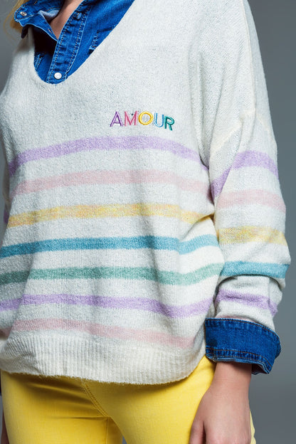 Deep V neck Line Sweater With Stripes in Pastel Colors and Amour Embroidered