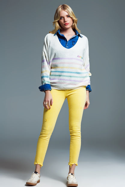 Deep V neck Line Sweater With Stripes in Pastel Colors and Amour Embroidered