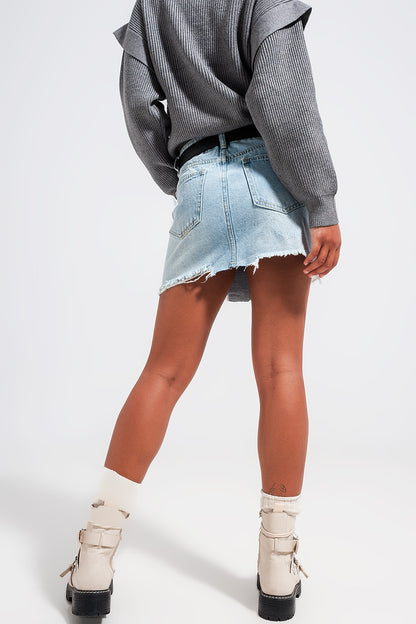 Denim button through mini skirt in light blue