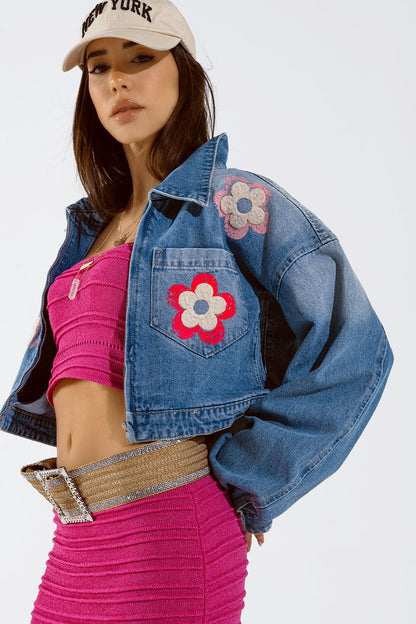 Denim Cropped Jacket WIth Flower Details