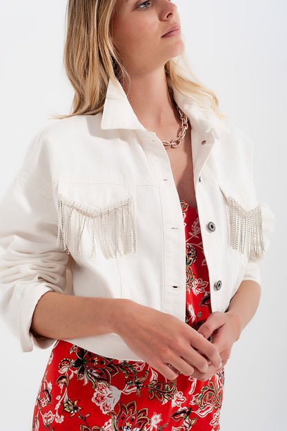 Q2 Denim jacket with diamante fringing in white