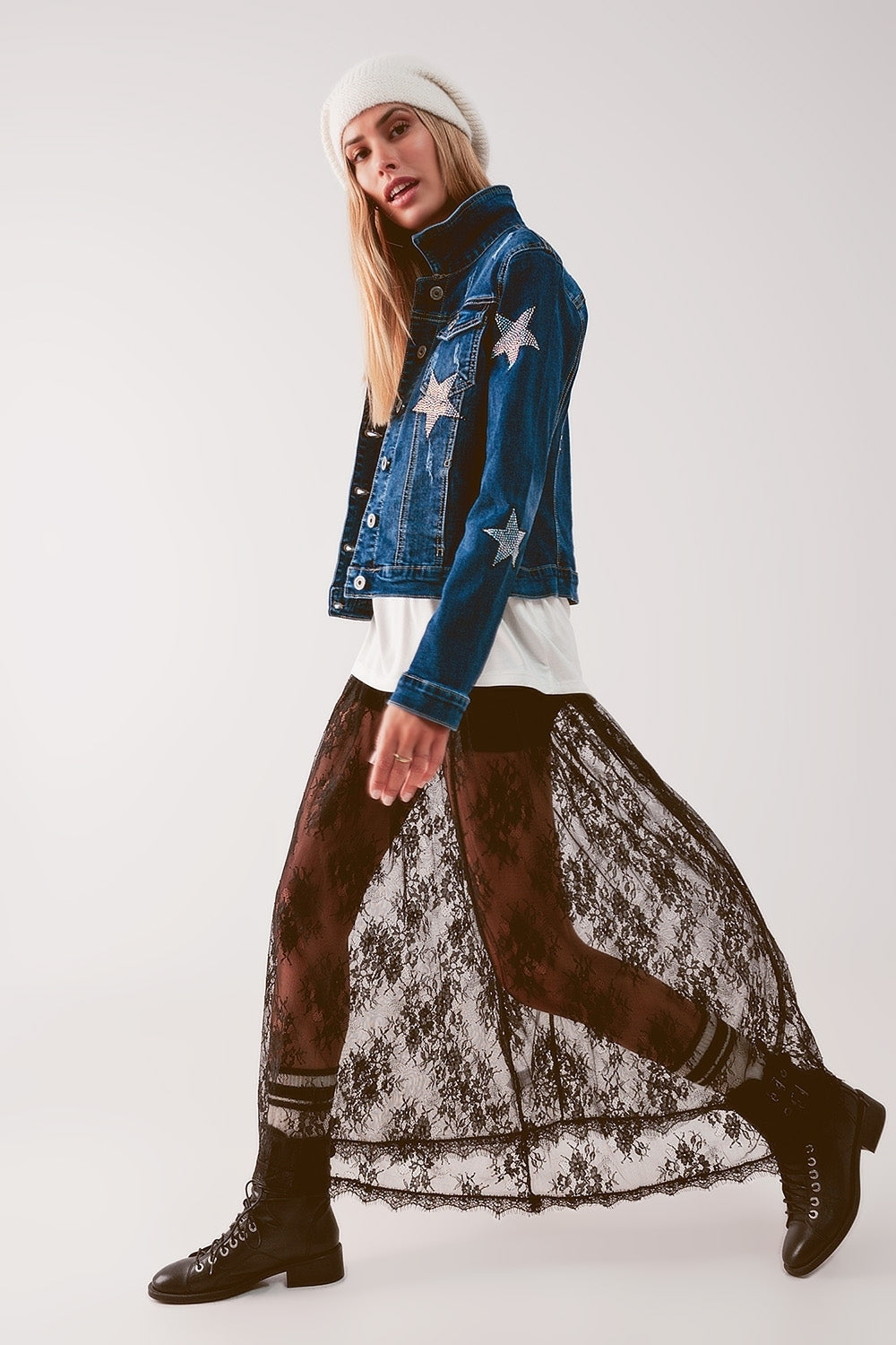 Q2 Denim jacket with star embellishment in midwash