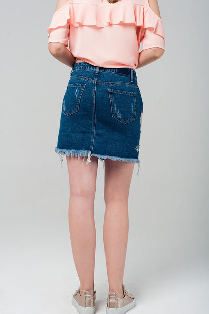 Denim mini skirt with embroidered flowers