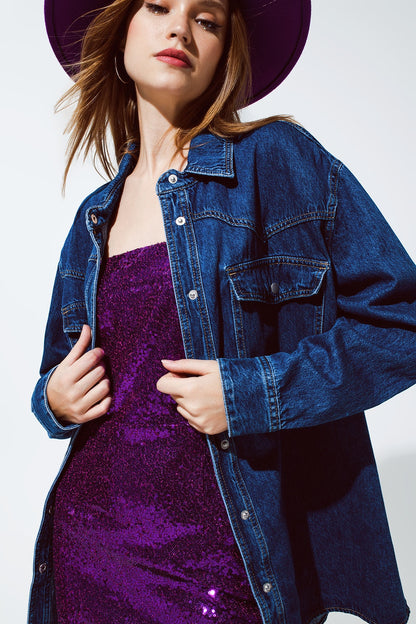 Denim Oversized Cargo Shirt Jacket with pockets