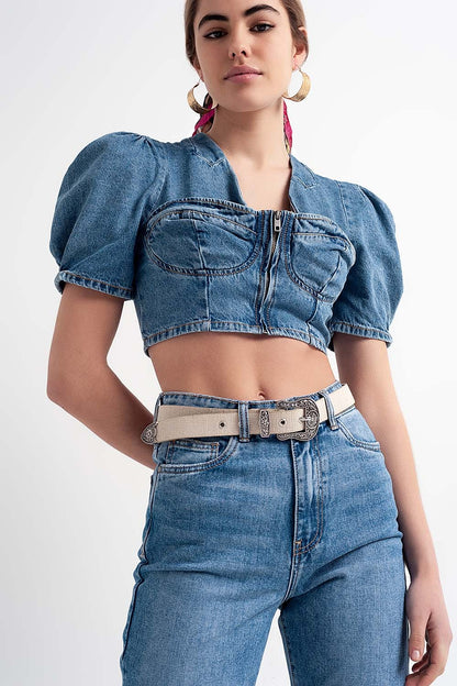 Denim puff sleeve crop top in mid wash blue