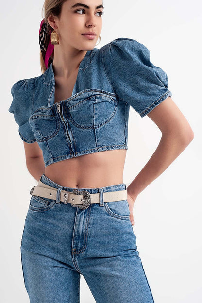 Q2 Denim puff sleeve crop top in mid wash blue