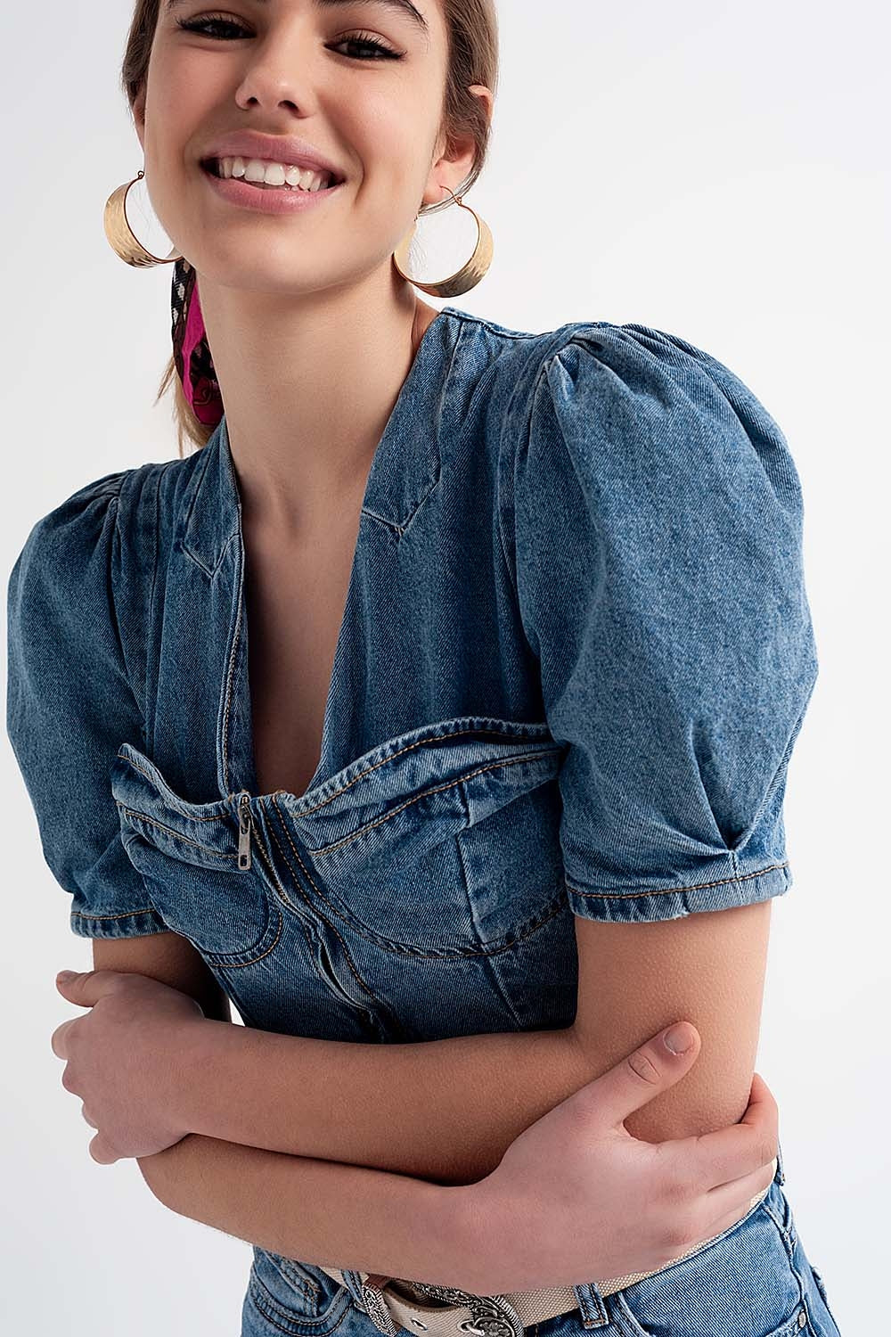 Denim puff sleeve crop top in mid wash blue