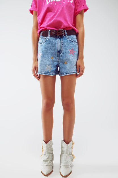 Q2 DenIm Shorts With Laminated Stars in Light Wash