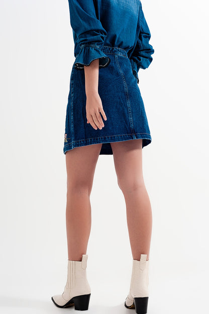 Denim skirt with flower embroidery and front buttons