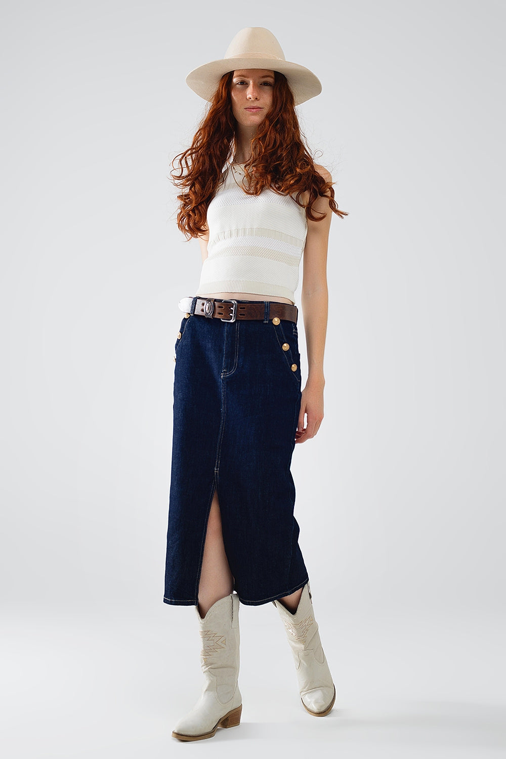 Denim Skirt With Front Slit And Gold Buttons on Sides