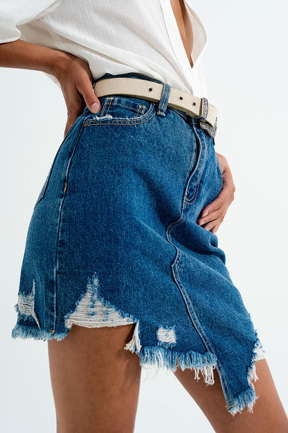 Distressed denim skirt in dark wash