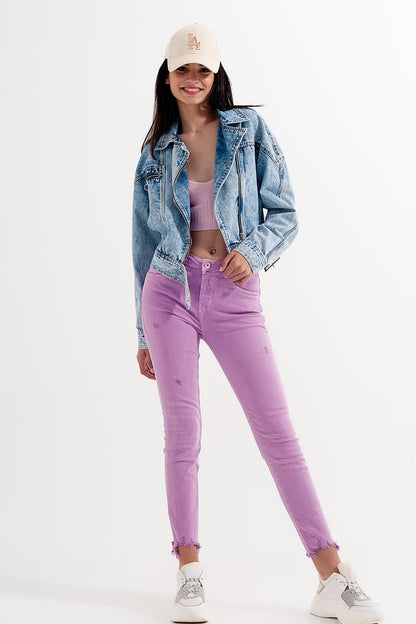 Distressed raw hem skinny jeans in lilac