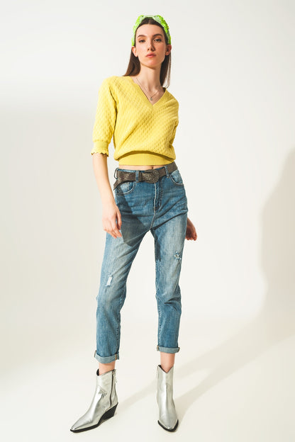 Distressed straight leg jean in light blue