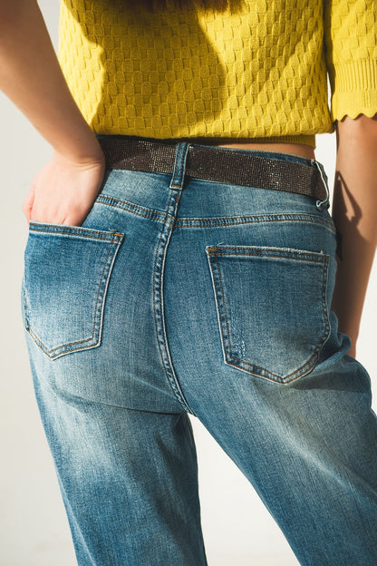 Distressed straight leg jean in light blue