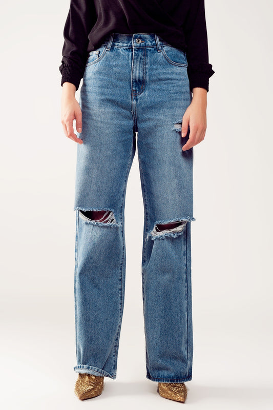 Q2 Distressed straight leg jean in medium denim