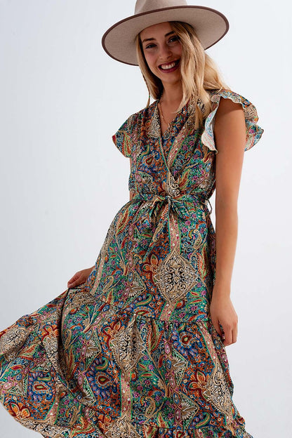 Dressed ruffle hem midaxi dress in paisley print in green